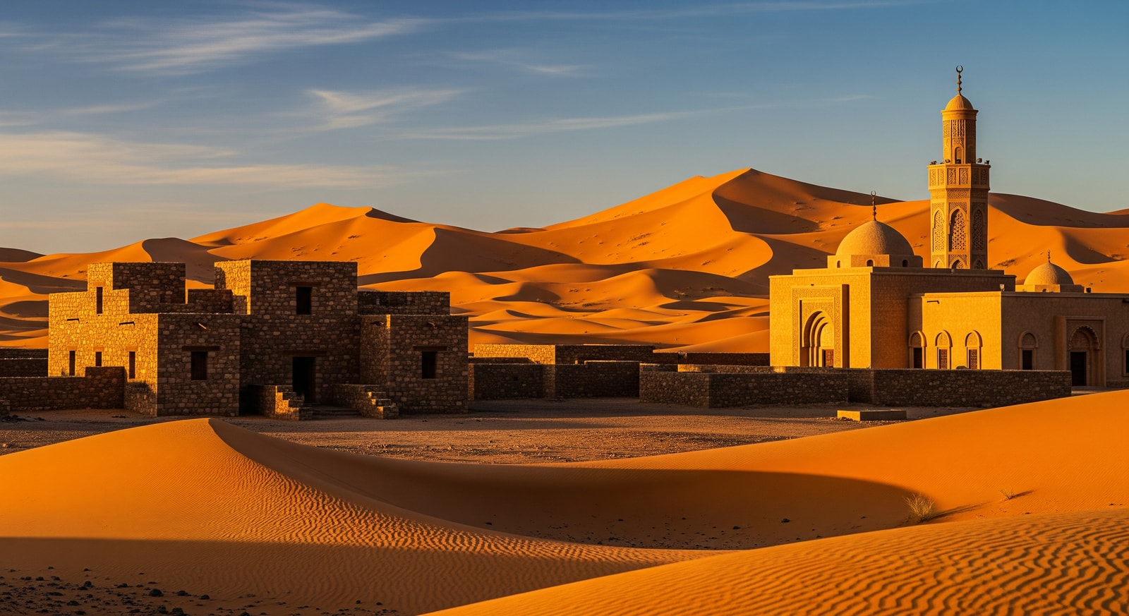 Ancient stone library buildings and mosque of Chinguetti surrounded by golden Sahara sand dunes