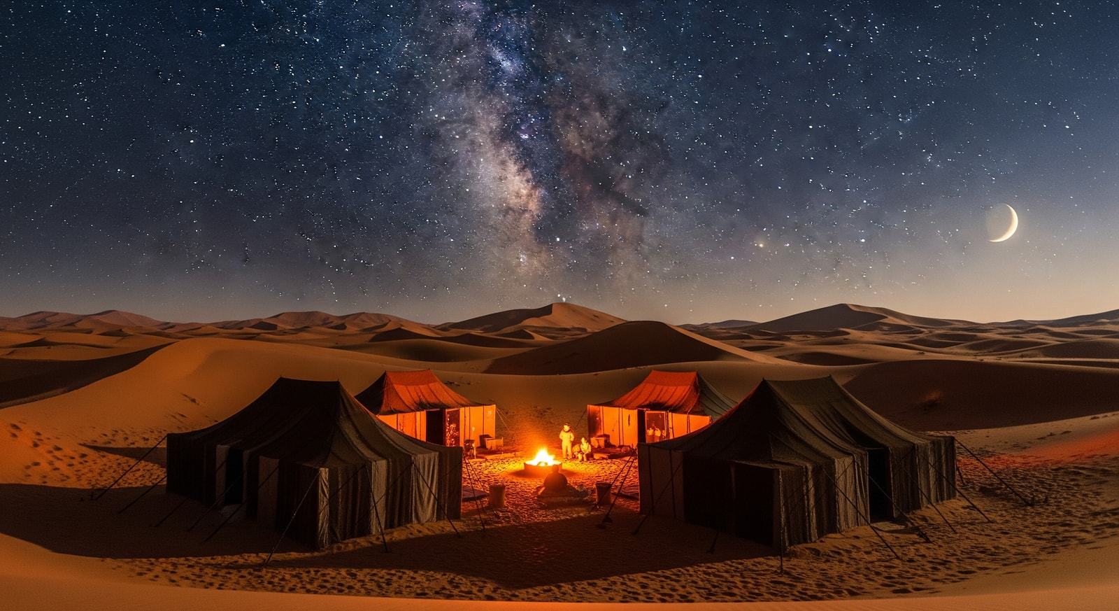 Traditional Mauritanian tent camp beneath star-filled Sahara night sky with sand dunes