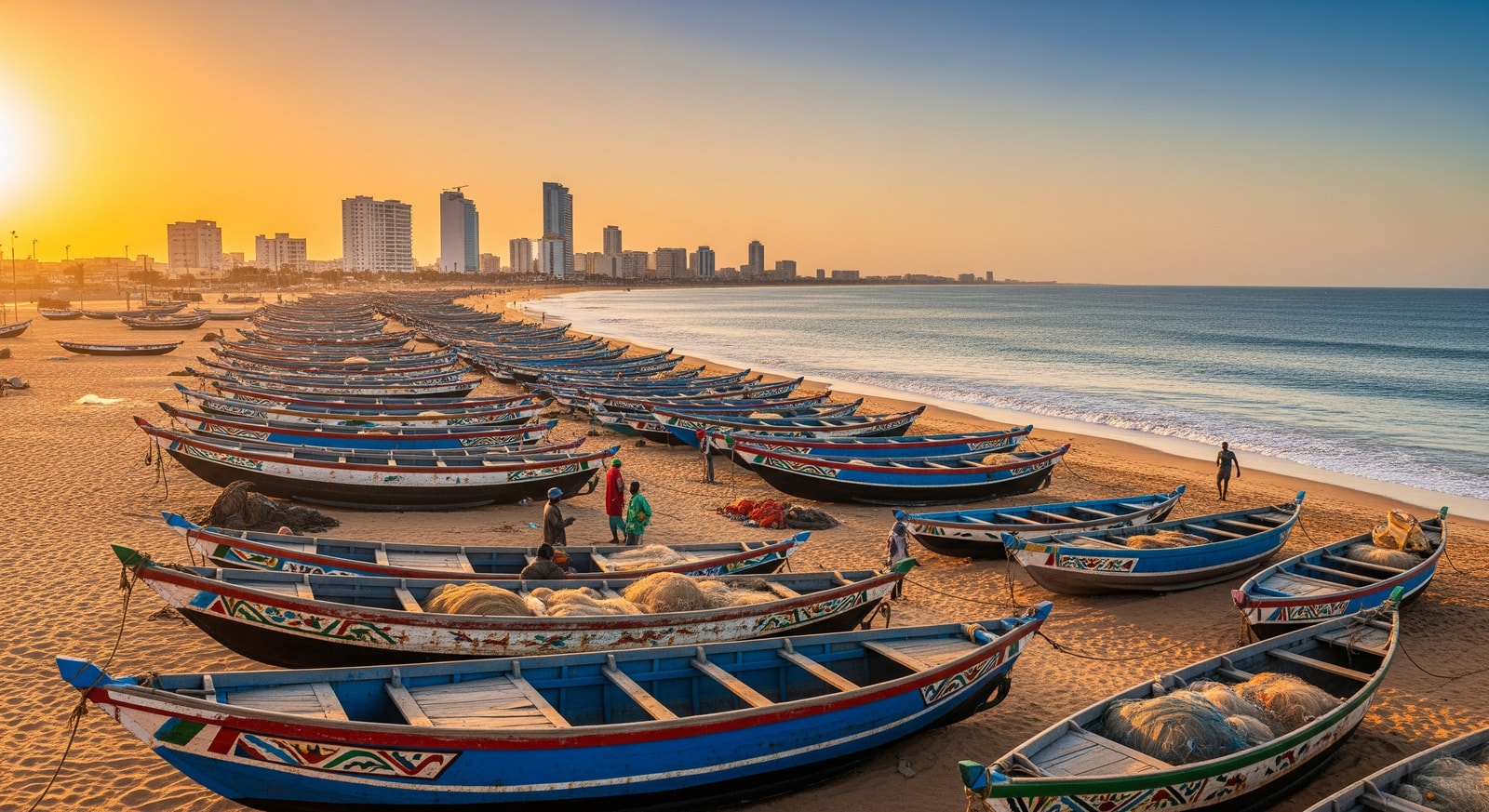 Traditional fishing boats on the beach at Nouakchott with the modern city skyline in the background