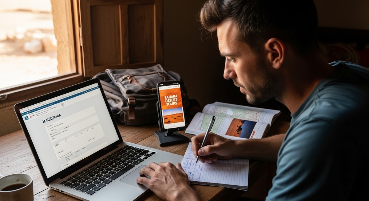 Traveler using laptop to apply for Mauritania visa while researching Sahara desert tours
