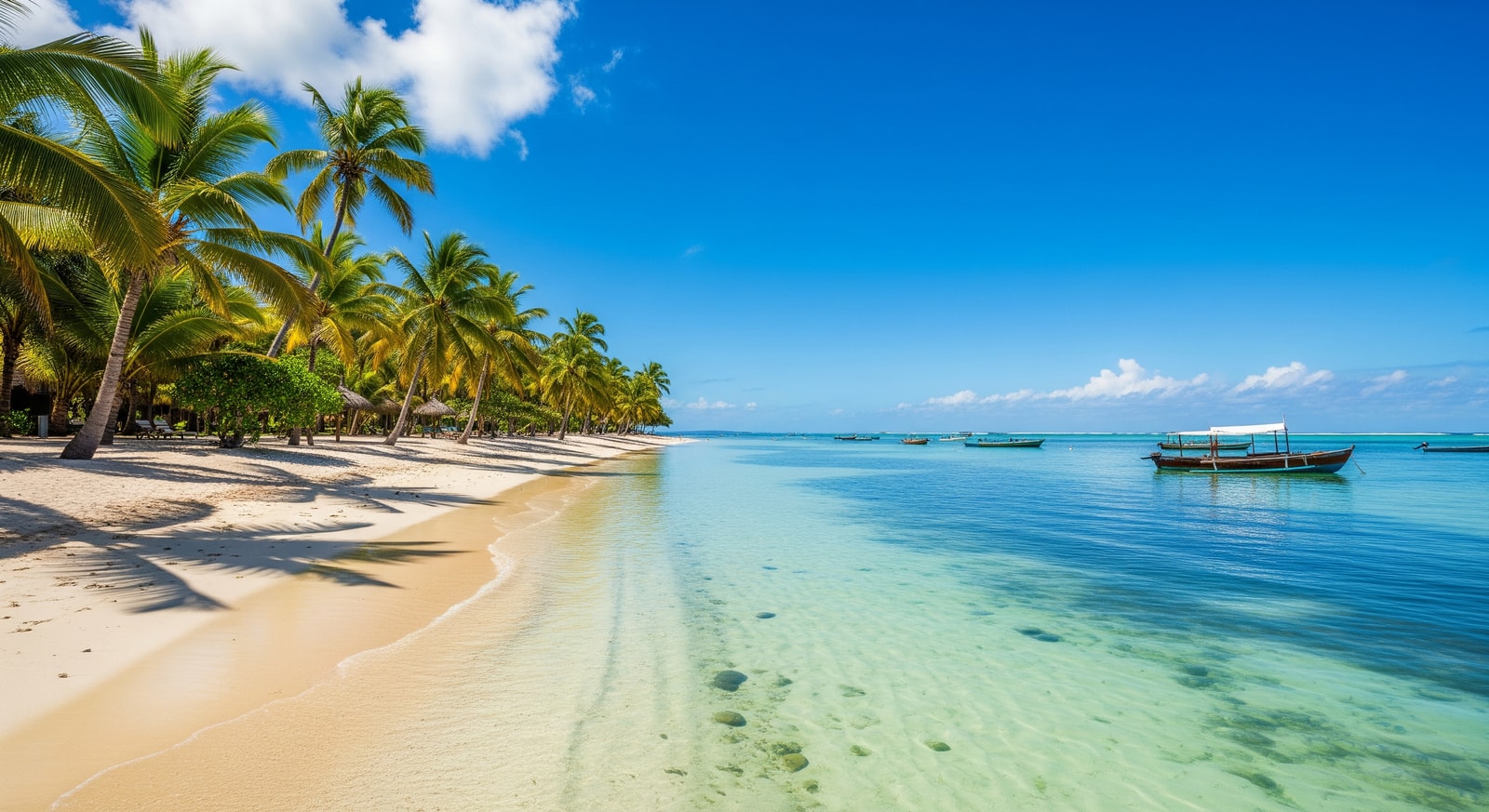 Pristine white sand beach with turquoise lagoon and palm trees at Trou aux Biches in northern Mauritius
