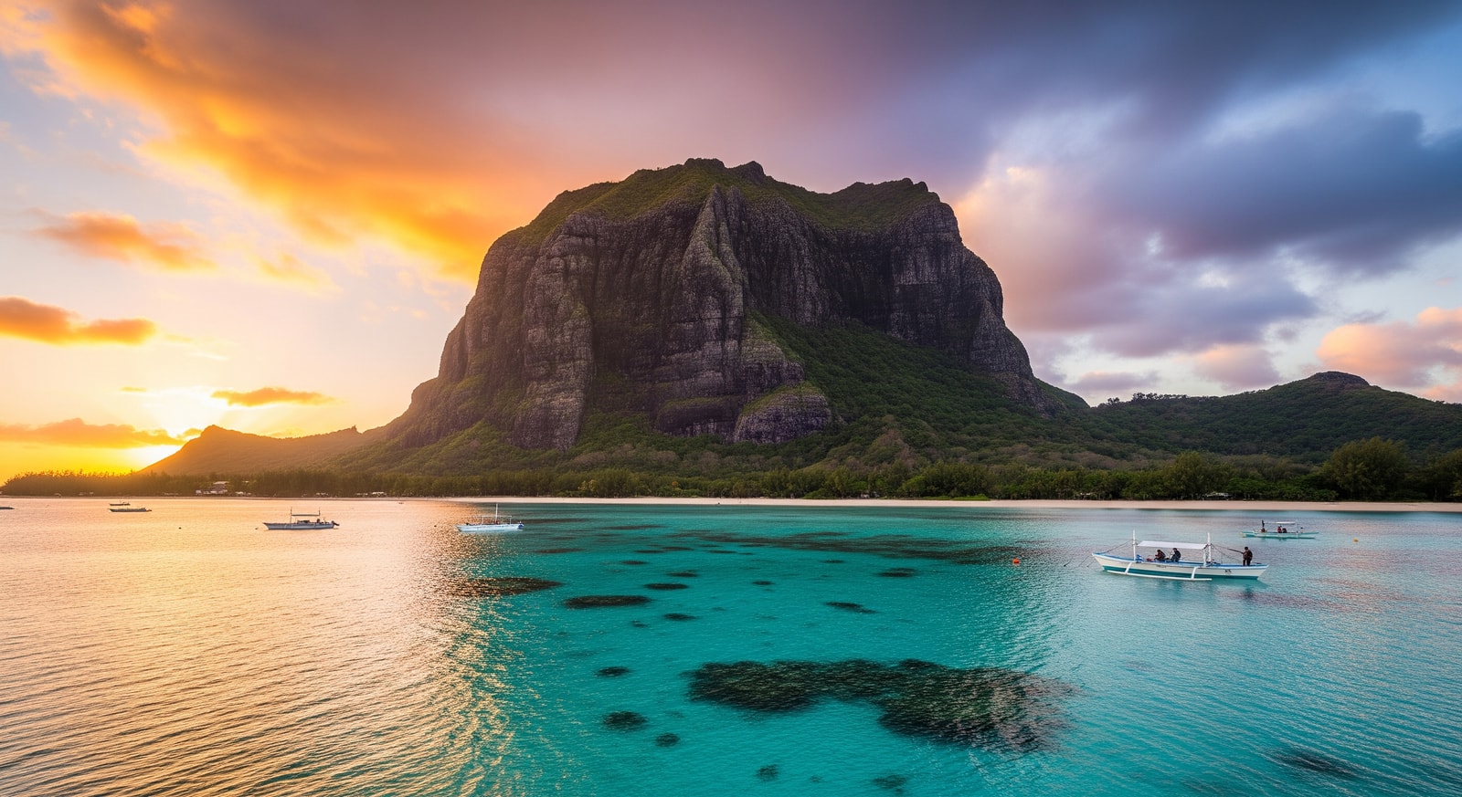 Dramatic Le Morne Brabant mountain rising from the turquoise lagoon at golden hour