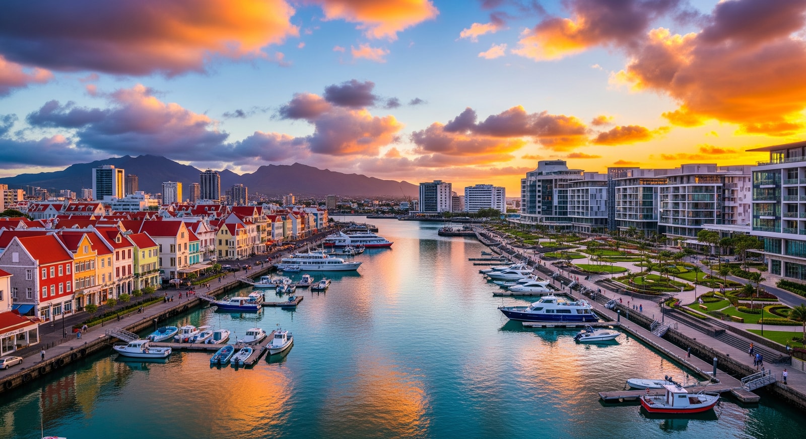 Colorful waterfront of Port Louis with traditional buildings and the Caudan Waterfront development
