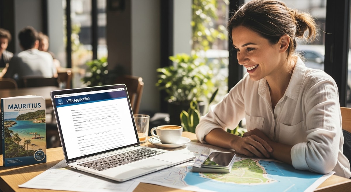 Happy traveler using laptop to apply for Mauritius visa while planning beach vacation