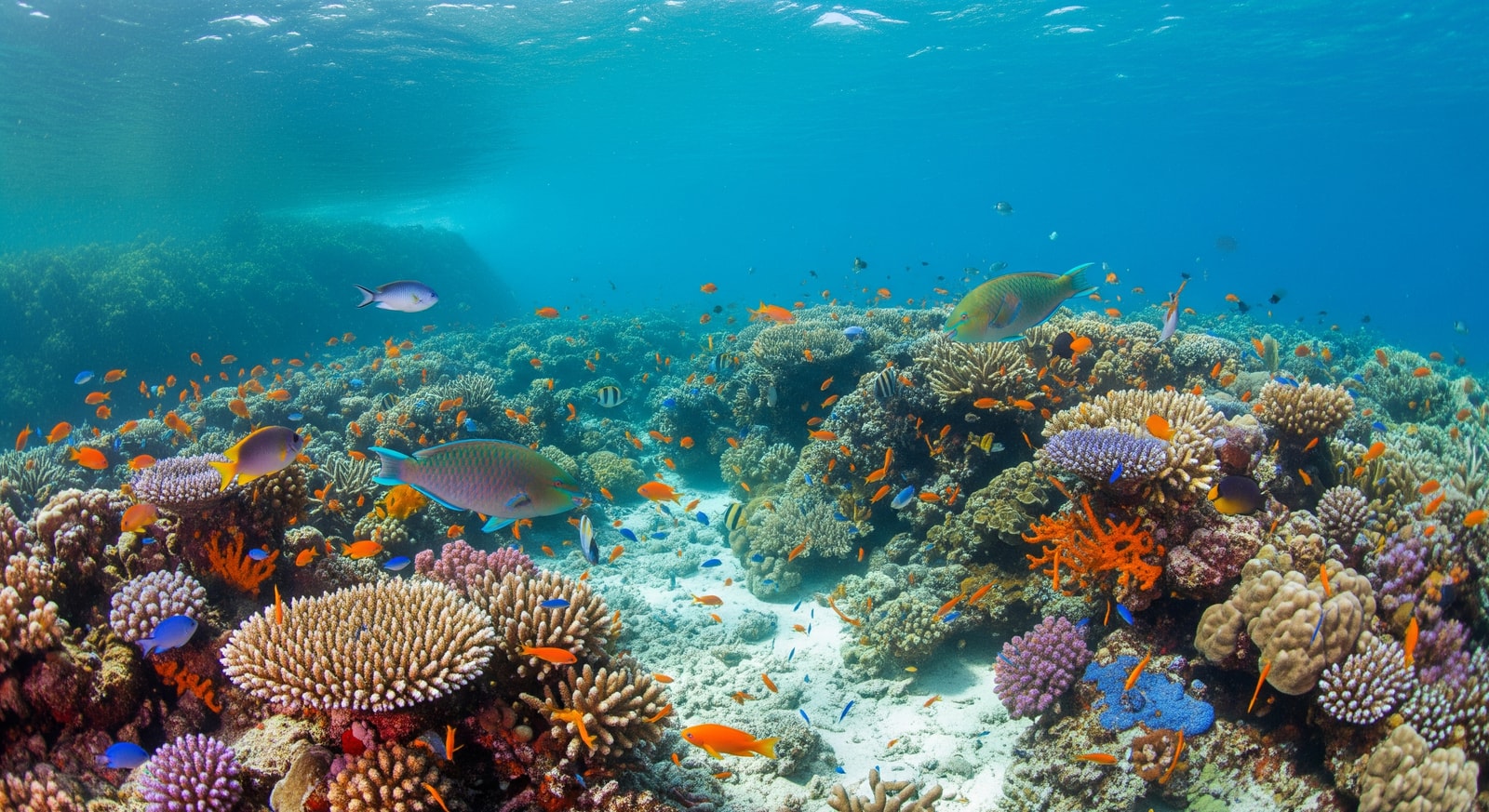 Vibrant coral reef with tropical fish in the crystal-clear waters of Blue Bay Marine Park