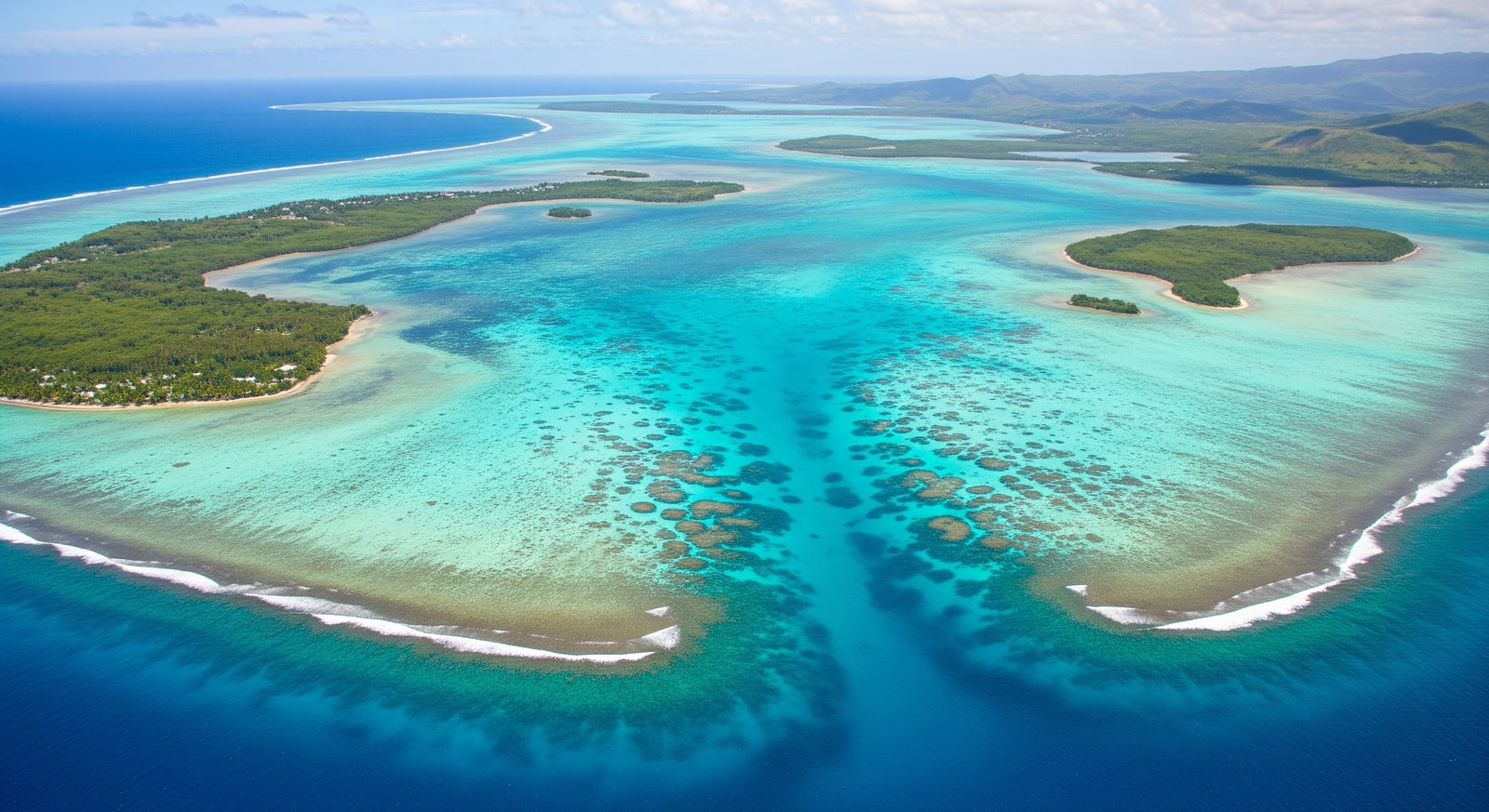 Crystal clear turquoise waters of Mayotte's massive lagoon with coral formations visible below surface