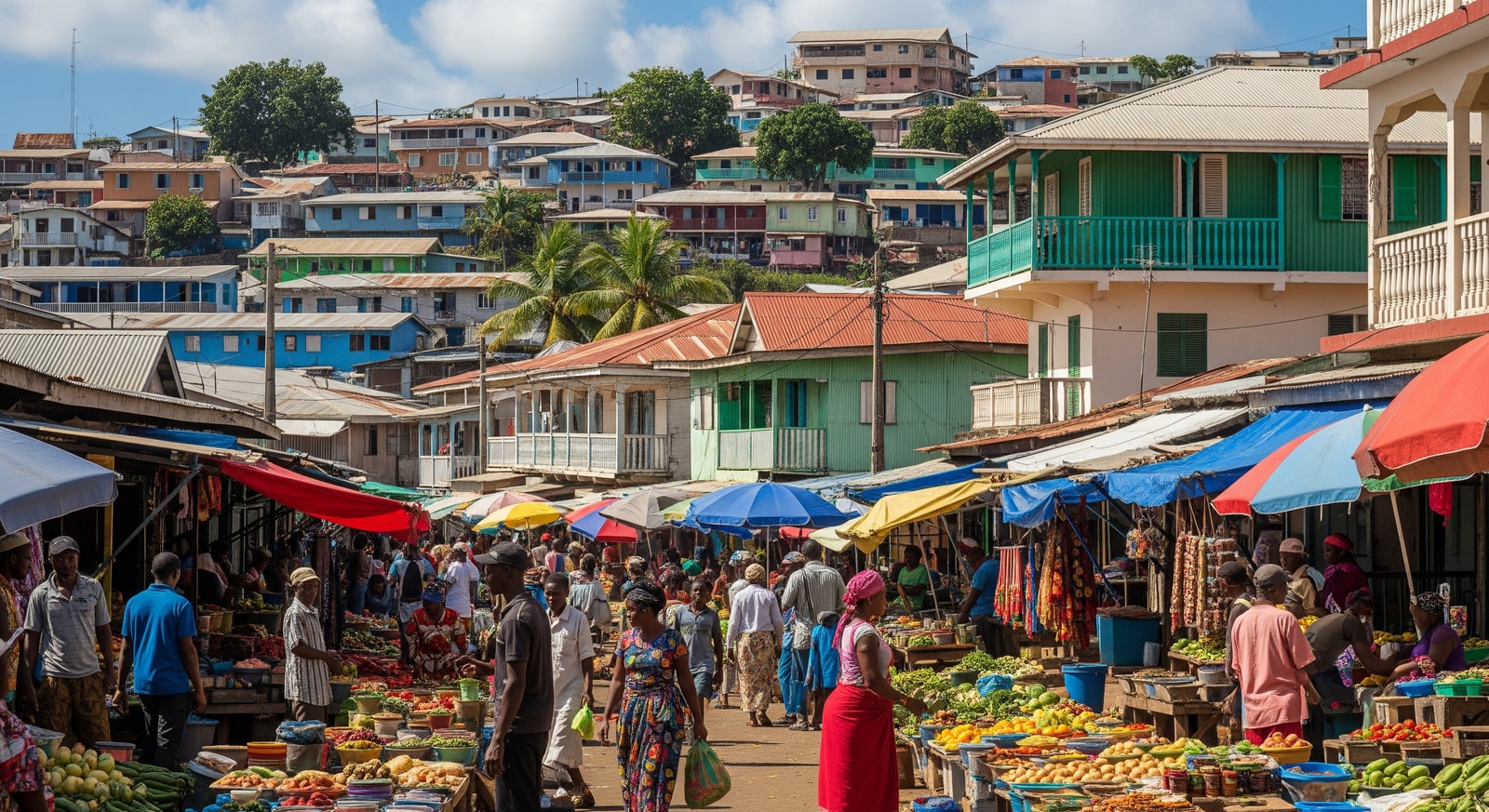 Colorful buildings and bustling market in Mamoudzou, the capital city of Mayotte