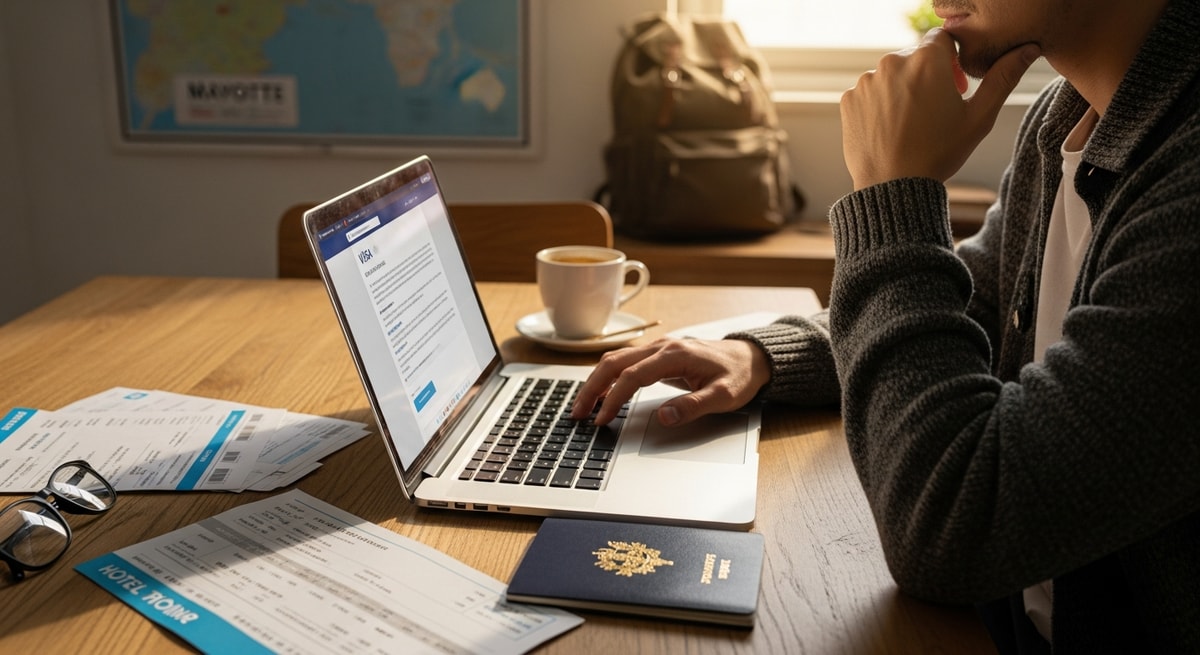 Traveler using laptop to apply for Mayotte visa with French passport and documents