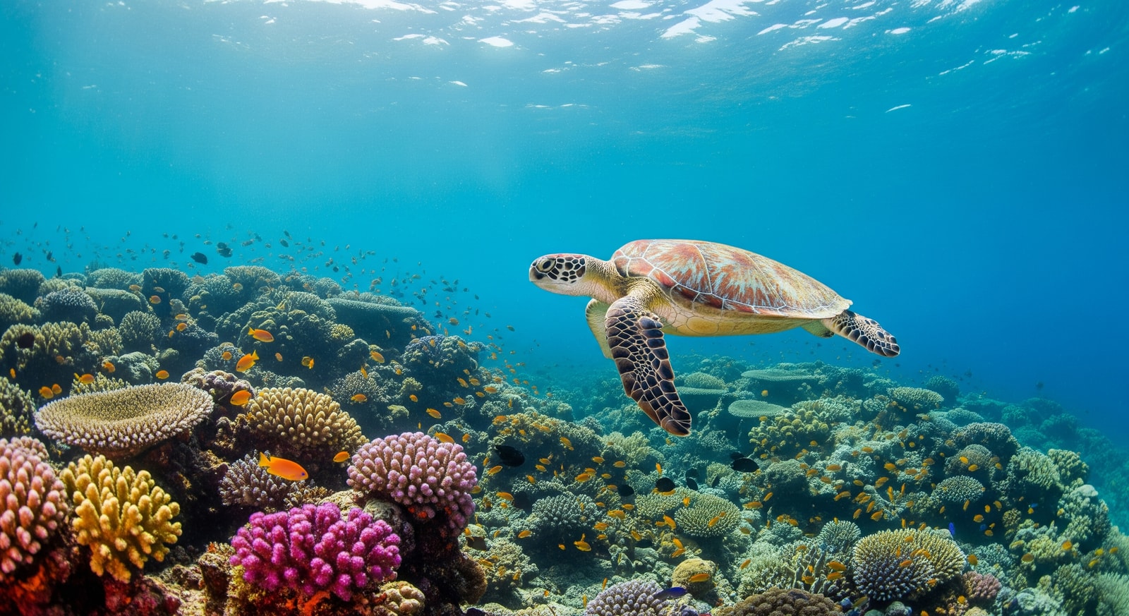 Green sea turtle swimming over coral reef in the protected waters of Mayotte Marine Park