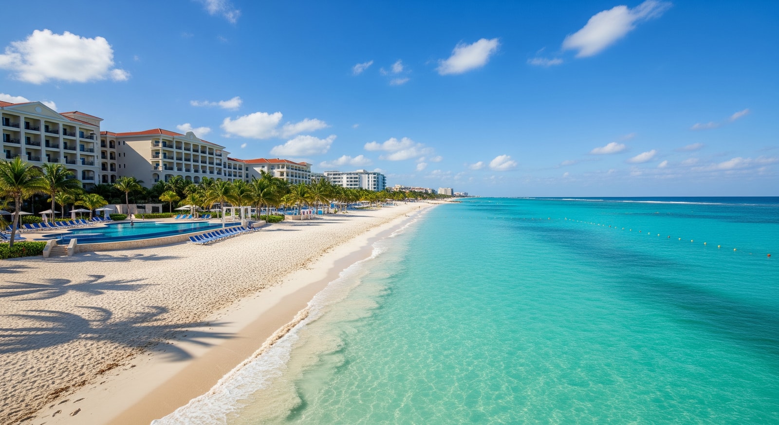 Crystal clear turquoise waters of the Caribbean Sea along Cancun's white sand beaches with luxury resorts
