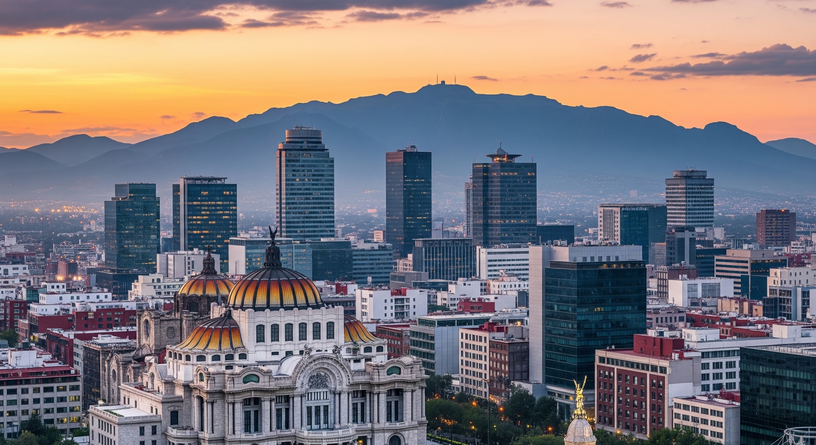 Mexico City skyline featuring the Palace of Fine Arts and modern skyscrapers against the mountains