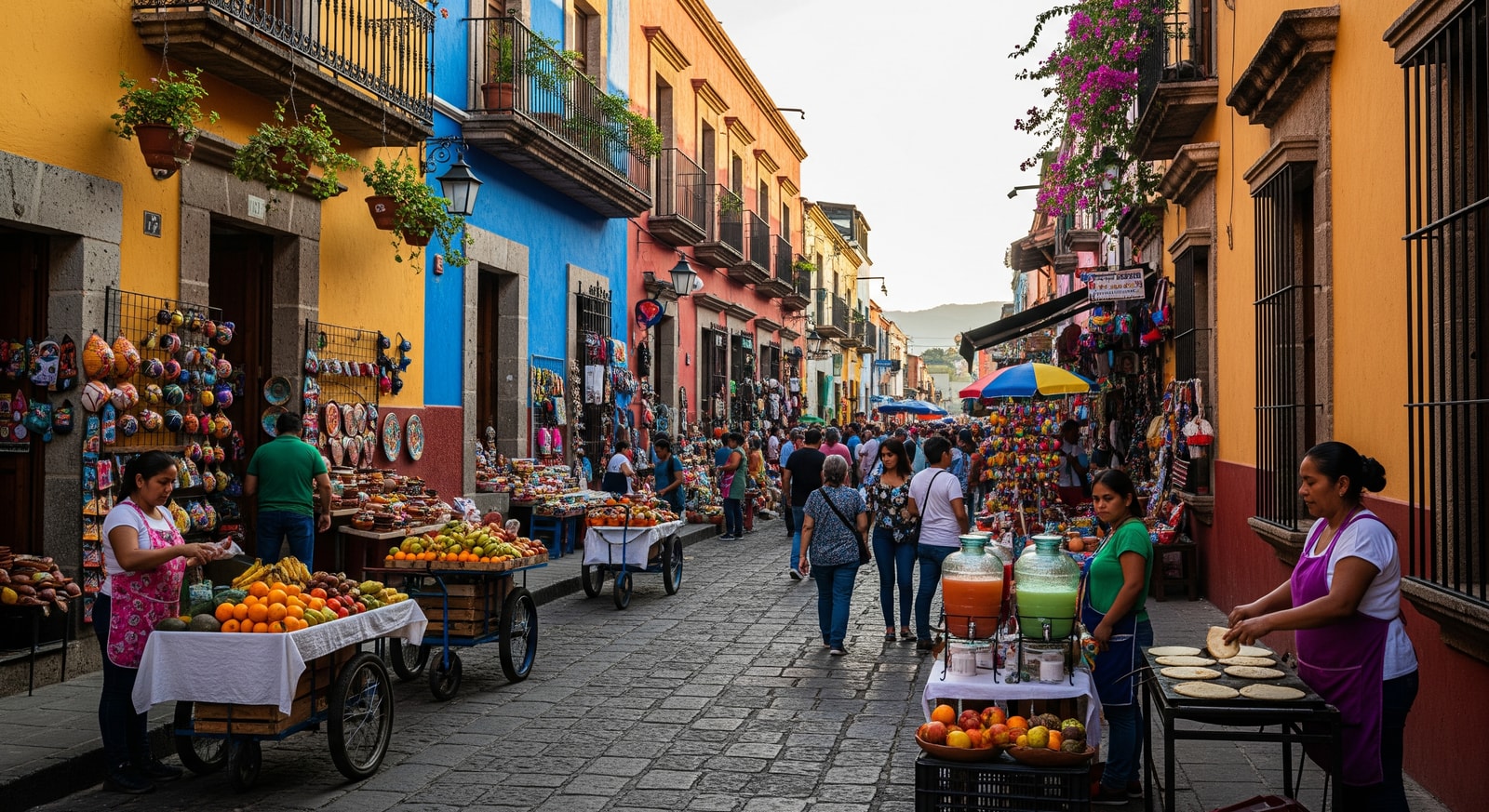 Traditional Mexican street in Oaxaca with colorful buildings, artisan shops, and local vendors