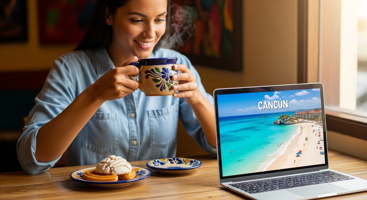 Traveler planning Mexico trip with laptop showing Cancun beaches while enjoying authentic Mexican coffee