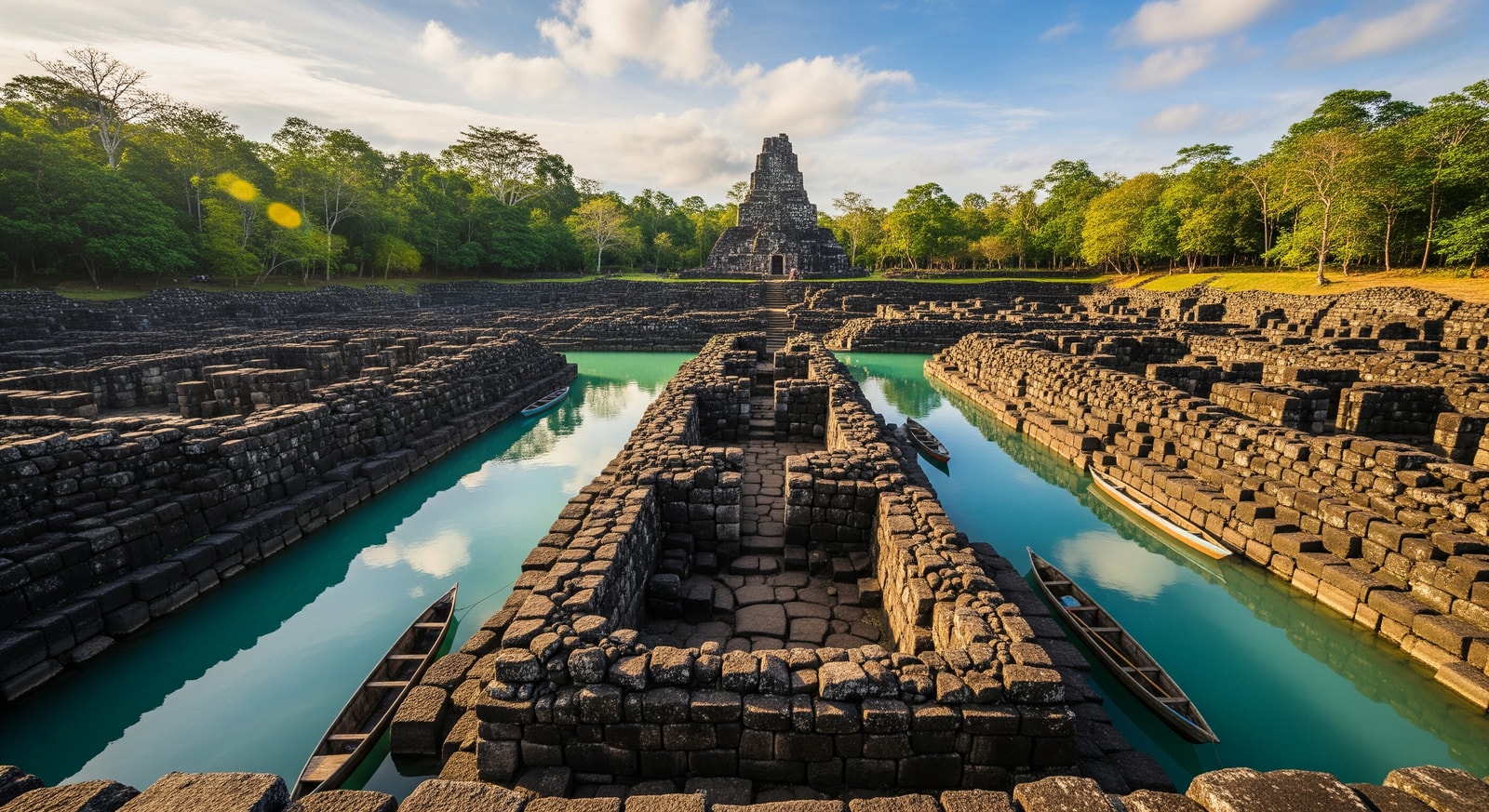 Ancient stone ruins of Nan Madol floating city with channels between megalithic basalt structures in Pohnpei