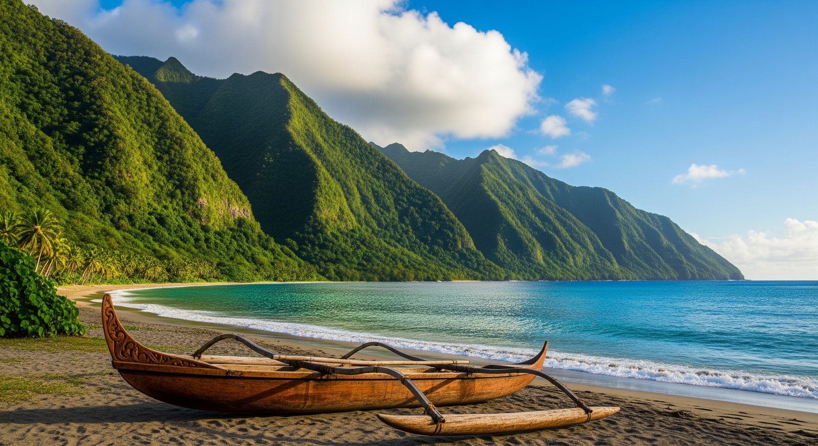 Lush green mountains and coastline of Pohnpei island with traditional outrigger canoe in foreground
