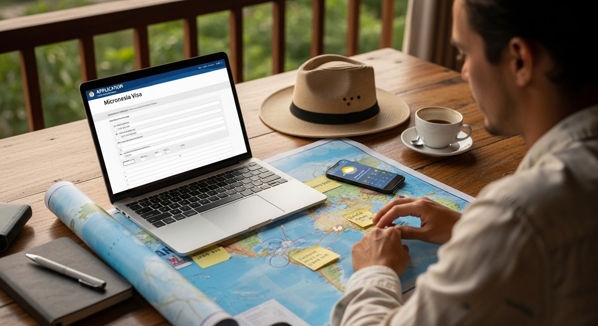 Traveler using laptop to apply for Micronesia visa while planning Pacific island adventure