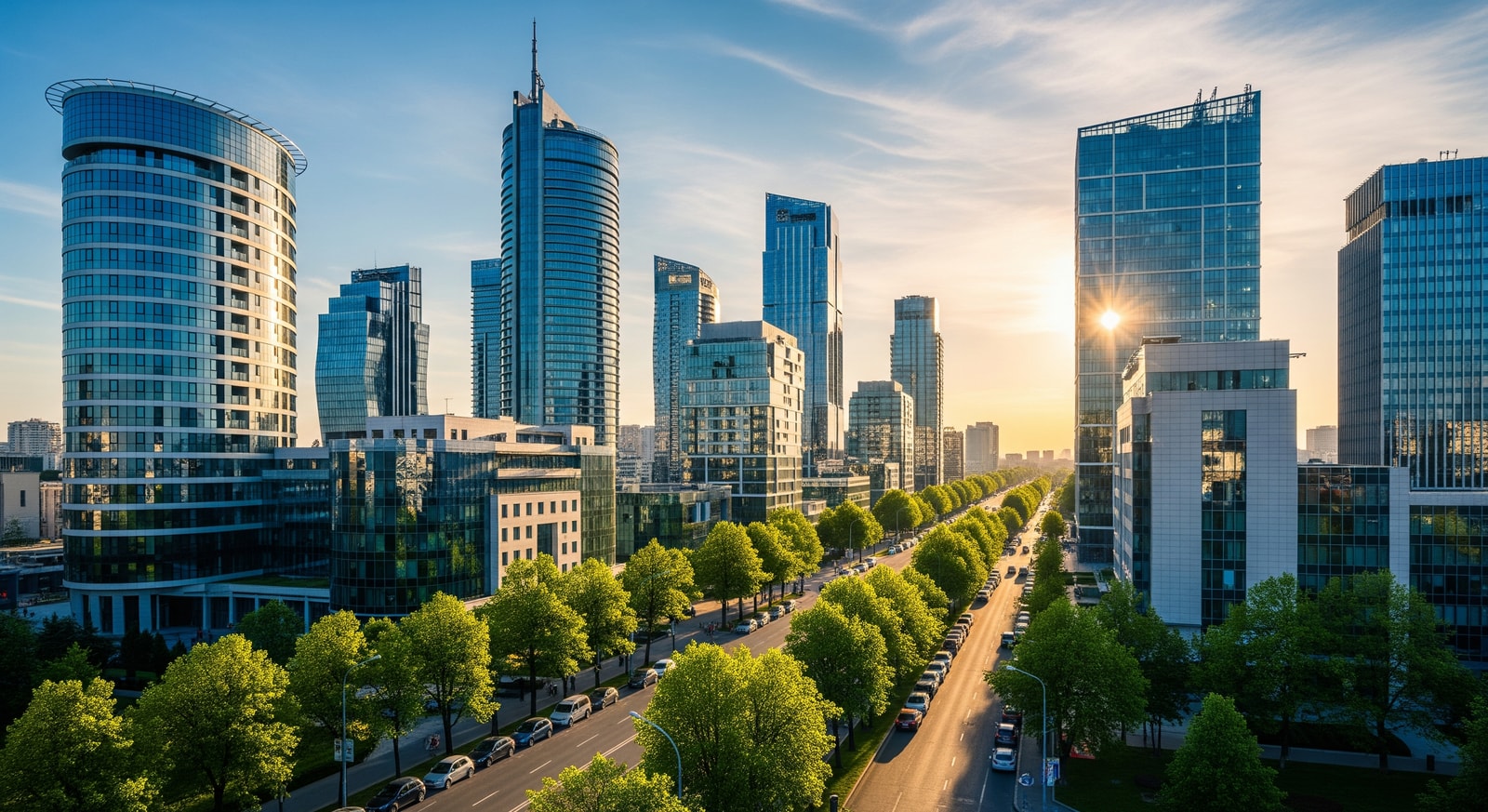 Modern business district in Chisinau with contemporary architecture and tree-lined boulevards in the capital city