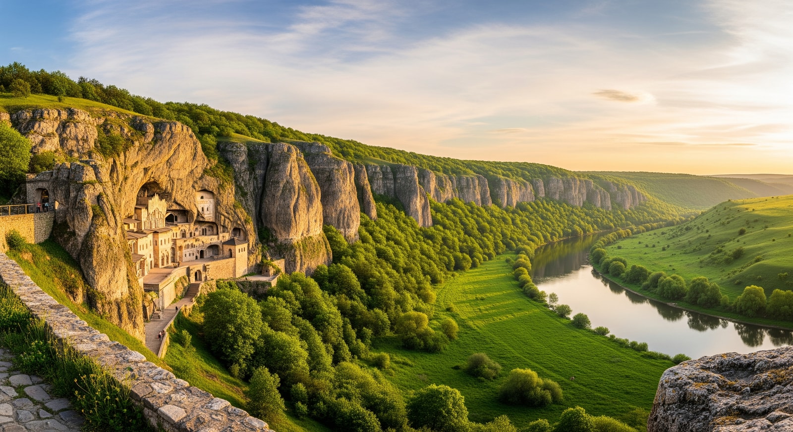 Ancient Orheiul Vechi cave monastery carved into limestone cliffs overlooking the Raut River valley in Moldova