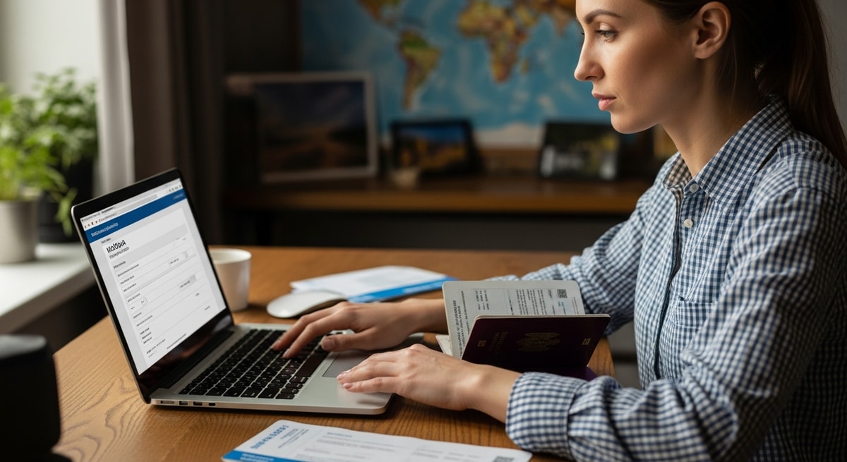 Traveler completing Moldova visa application online with passport and travel documents nearby