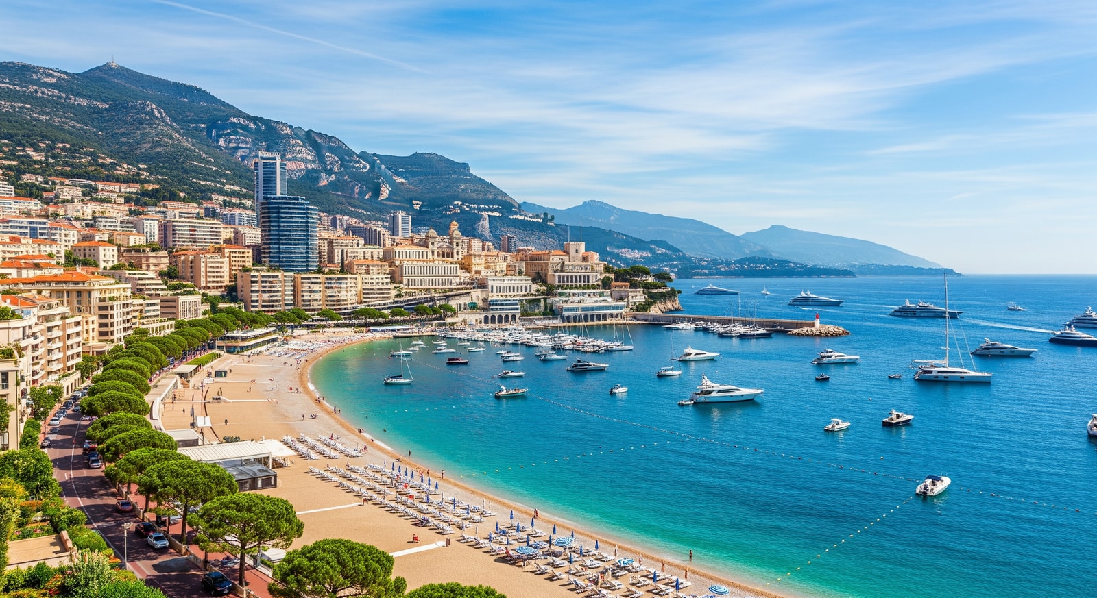 Panoramic view of Monaco coastline with Larvotto Beach and the Mediterranean Sea