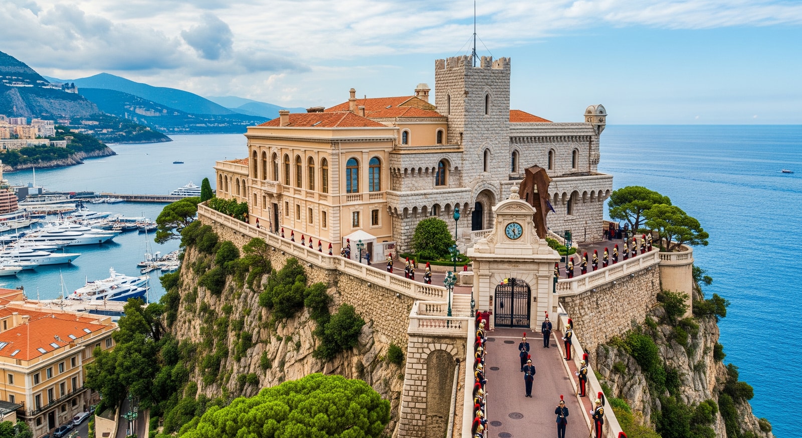 Prince's Palace of Monaco perched on the Rock with ceremonial guards and Mediterranean views