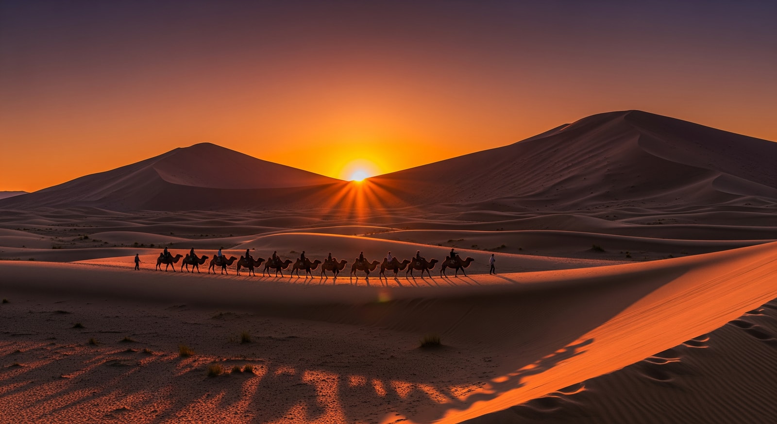 Dramatic sand dunes of the Gobi Desert with camel caravan silhouetted against orange sunset sky