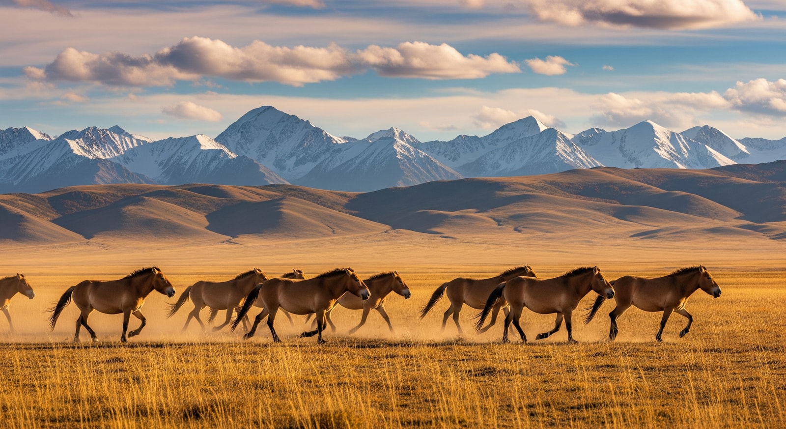 Wild Mongolian horses galloping across golden autumn steppes with snow-capped mountains in distance