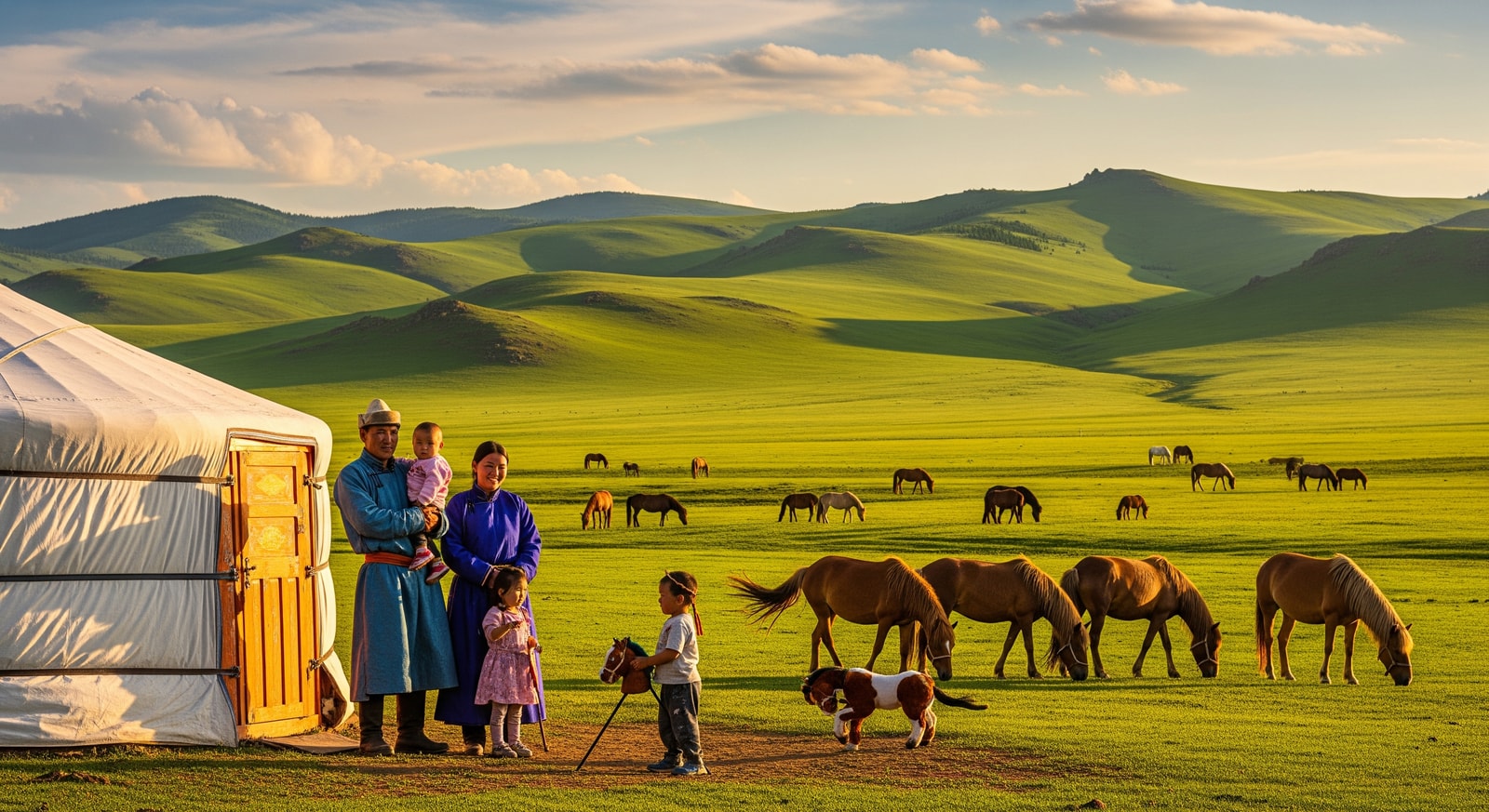 Mongolian nomad family with horses outside traditional white ger tent on green rolling hills