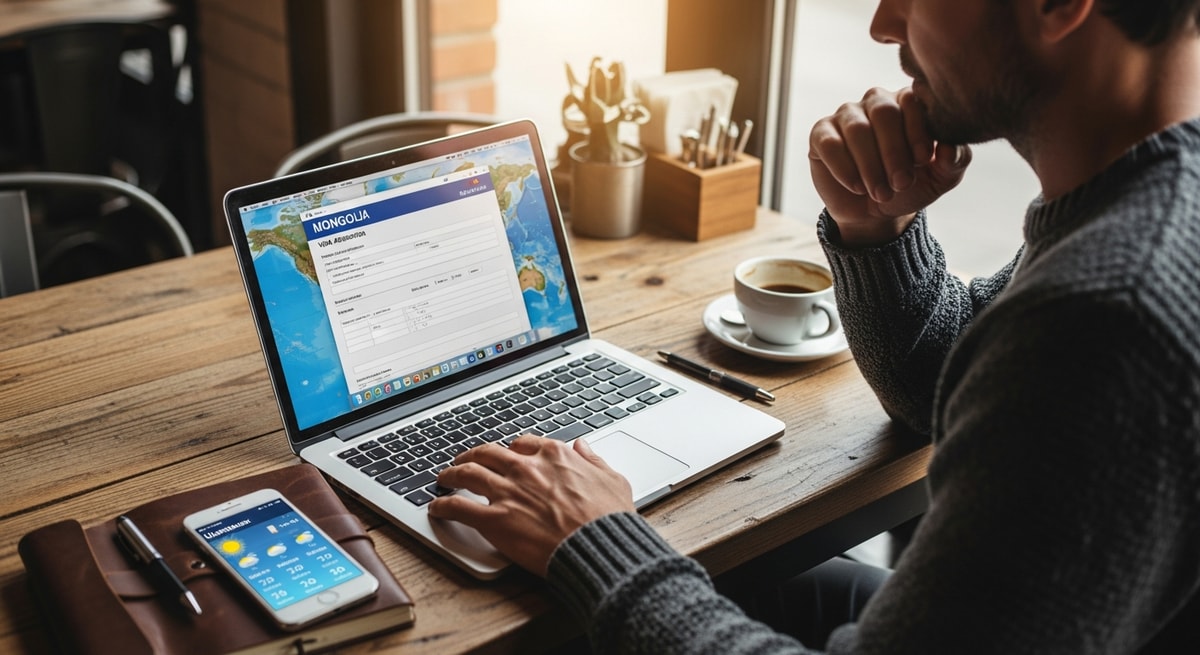 Traveler planning Mongolia adventure with laptop showing visa application form