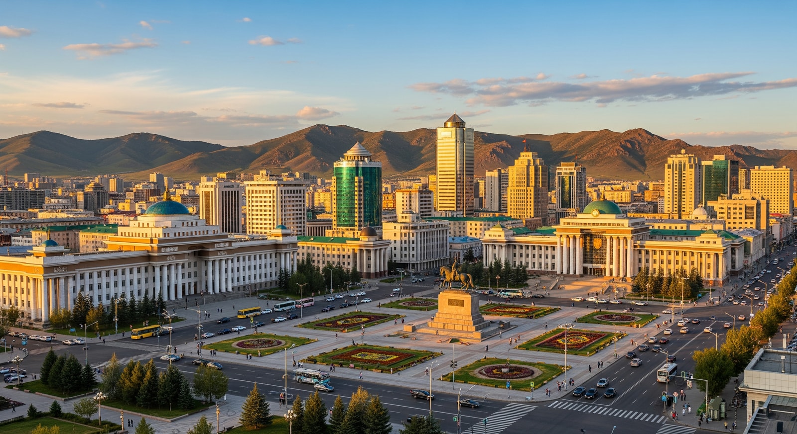 Panoramic view of Ulaanbaatar city center with Sukhbaatar Square and modern buildings against mountain backdrop