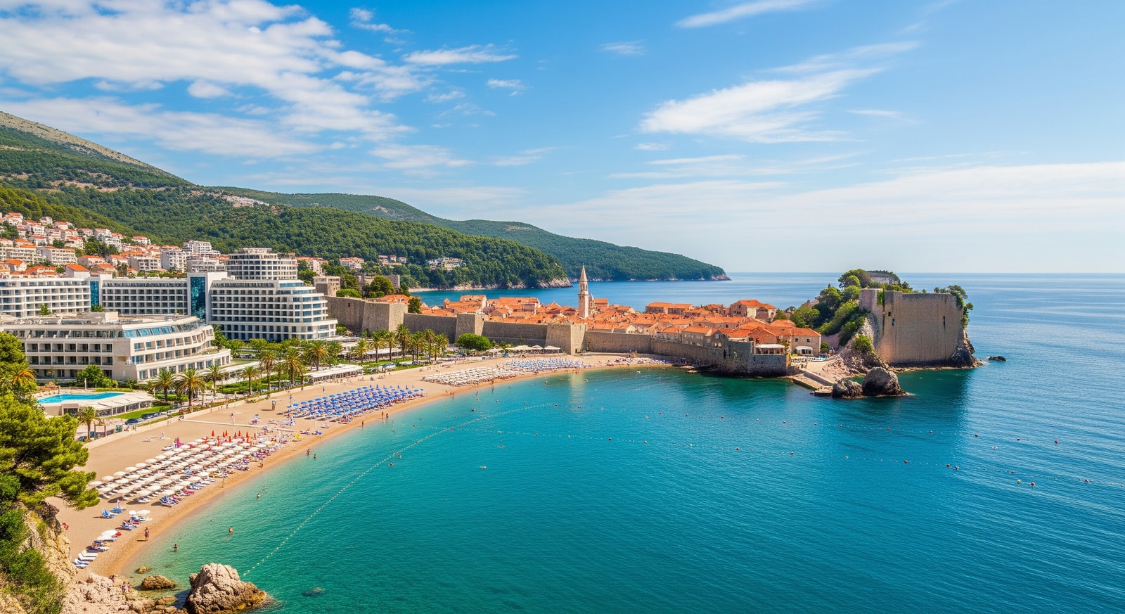 Panoramic view of Budva Riviera with sandy beaches, luxury hotels, and the fortified Old Town peninsula