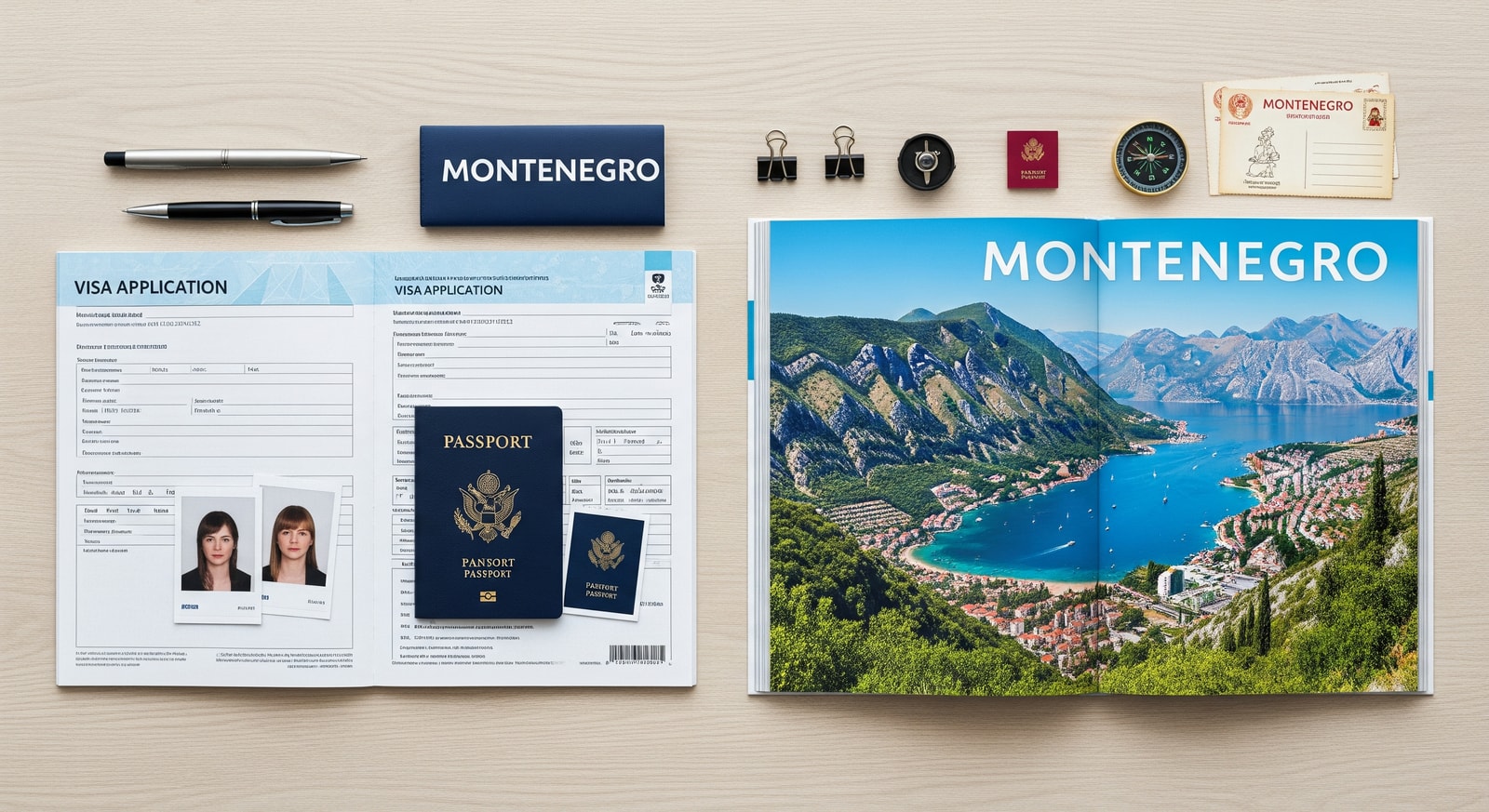 Travel documents including passport, visa application form, and photos arranged on desk with Montenegro guidebook