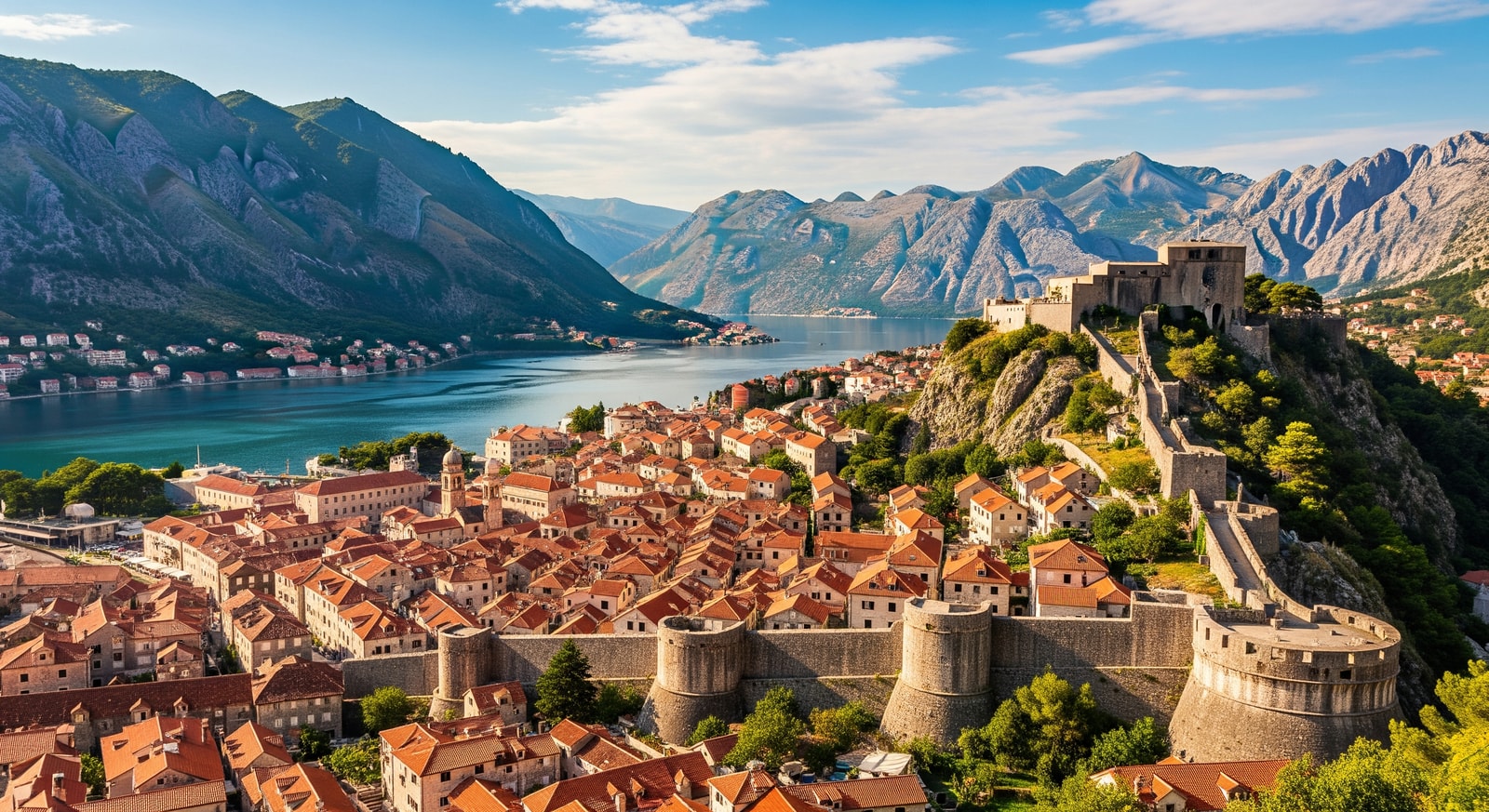 UNESCO World Heritage Old Town of Kotor with terracotta rooftops and medieval walls climbing the mountainside