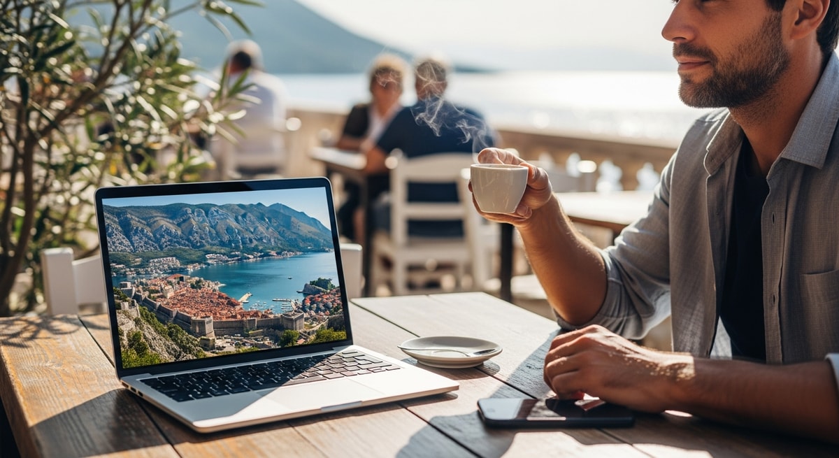 Traveler planning Montenegro trip with laptop showing Kotor bay while drinking espresso at a seaside cafe