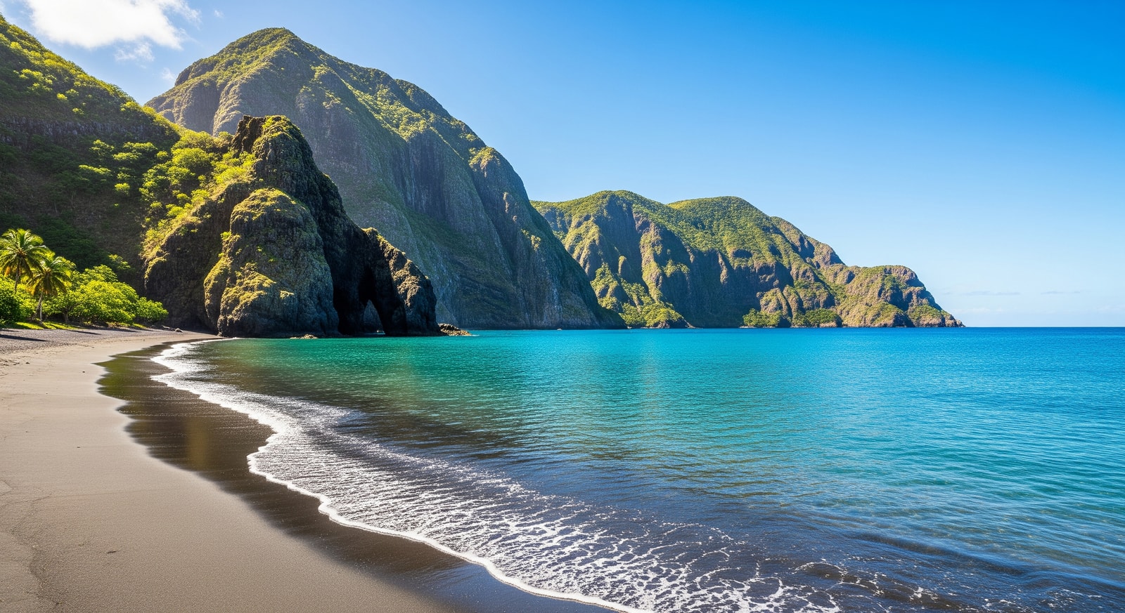 Black sand beach at Rendezvous Bay with crystal clear Caribbean waters and volcanic cliffs