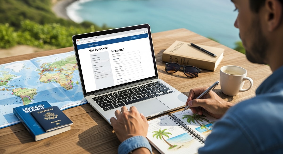 Traveler using laptop to apply for Montserrat visa while planning Caribbean adventure