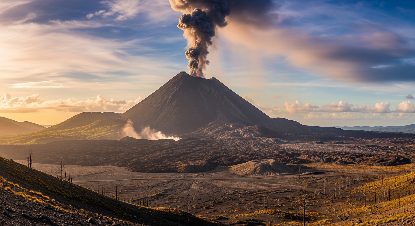 Soufriere Hills volcano with steam rising from the dome overlooking the exclusion zone