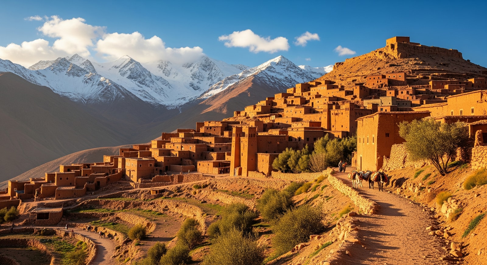 Traditional Berber village nestled in the High Atlas Mountains with snow-capped peaks in the distance