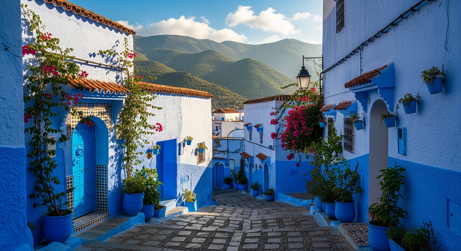 Iconic blue-washed buildings and narrow streets of Chefchaouen in the Rif Mountains