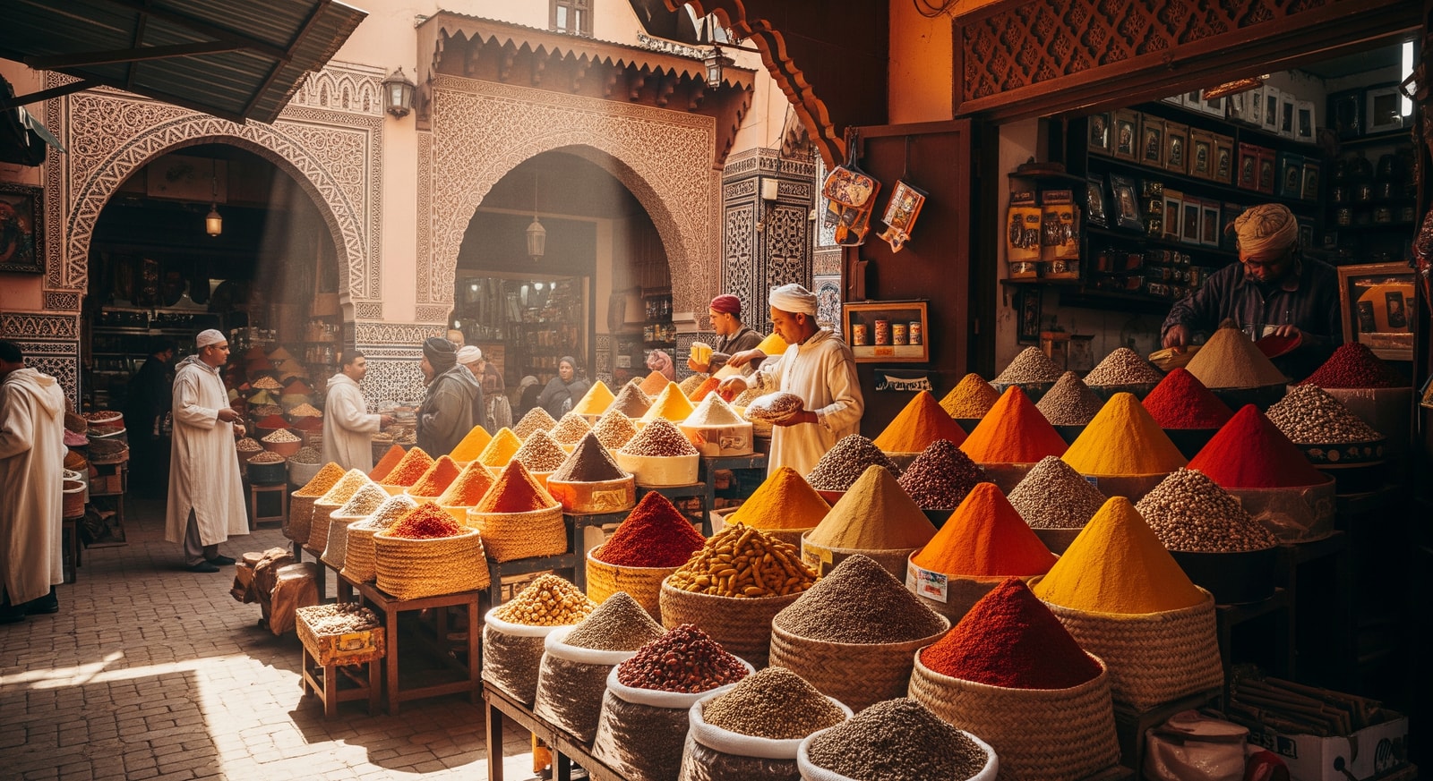 Vibrant spice market in the ancient medina of Marrakech with colorful displays and traditional architecture