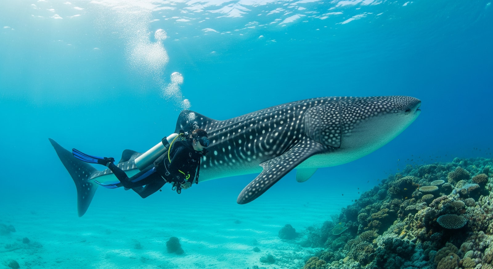 Scuba diver swimming alongside a massive whale shark in the crystal waters off Tofo Beach