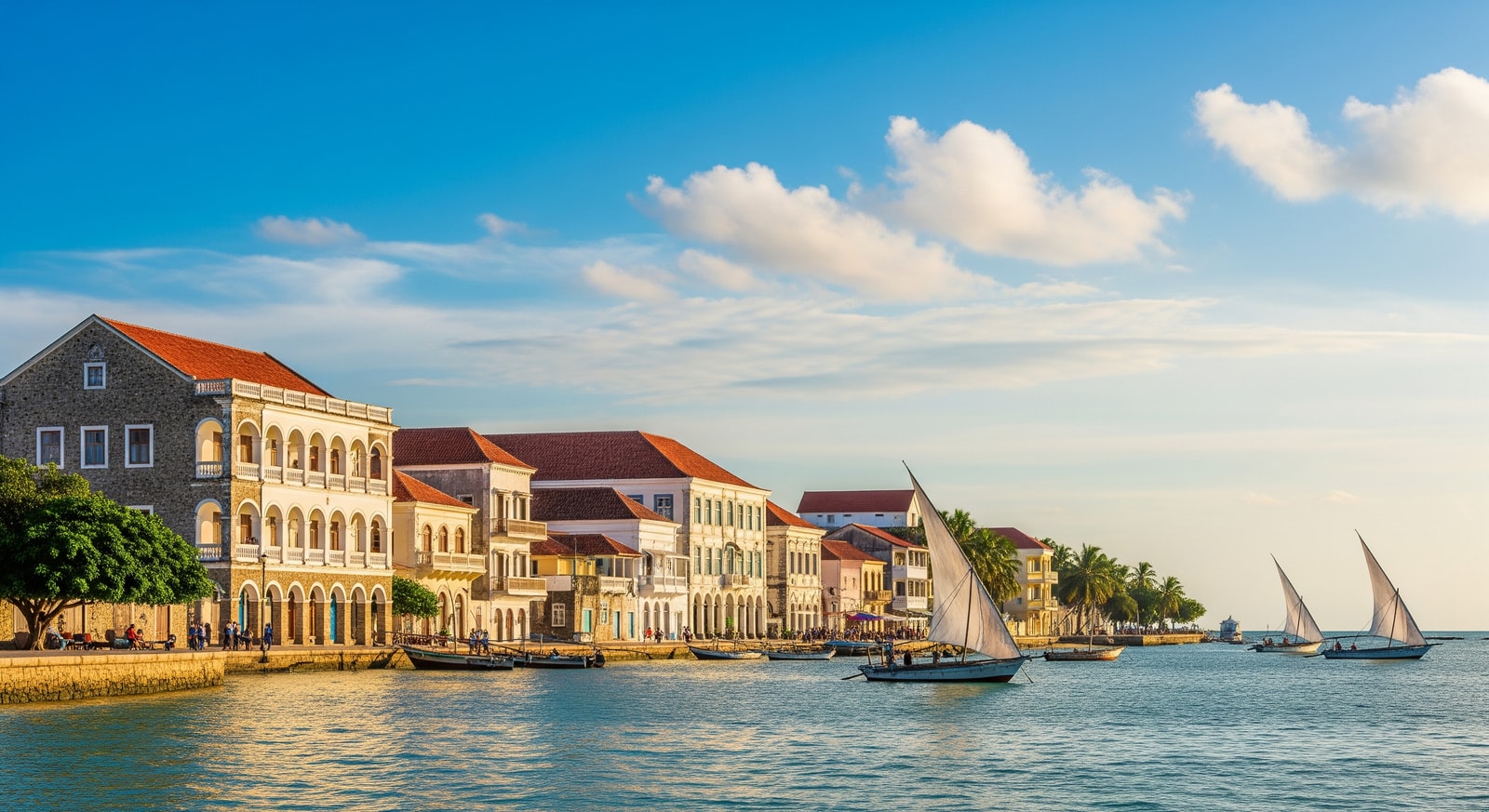 Historic Stone Town architecture on Ilha de Mozambique with Portuguese colonial buildings and dhow boats