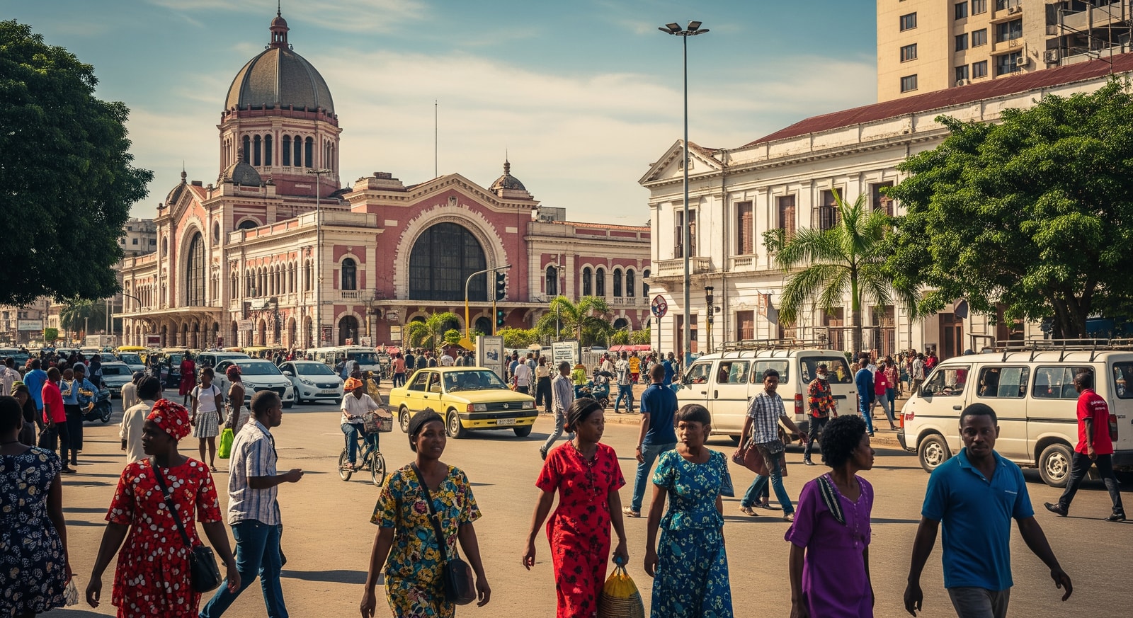 Colonial architecture and vibrant street life in downtown Maputo with the iconic Central Train Station