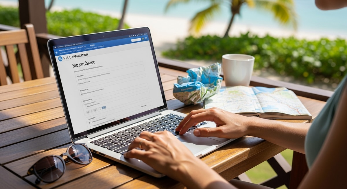 Traveler using laptop to apply for Mozambique visa while planning beach holiday