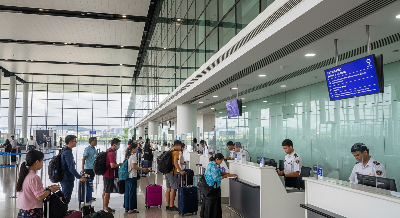 Yangon International Airport modern terminal building with passengers clearing immigration