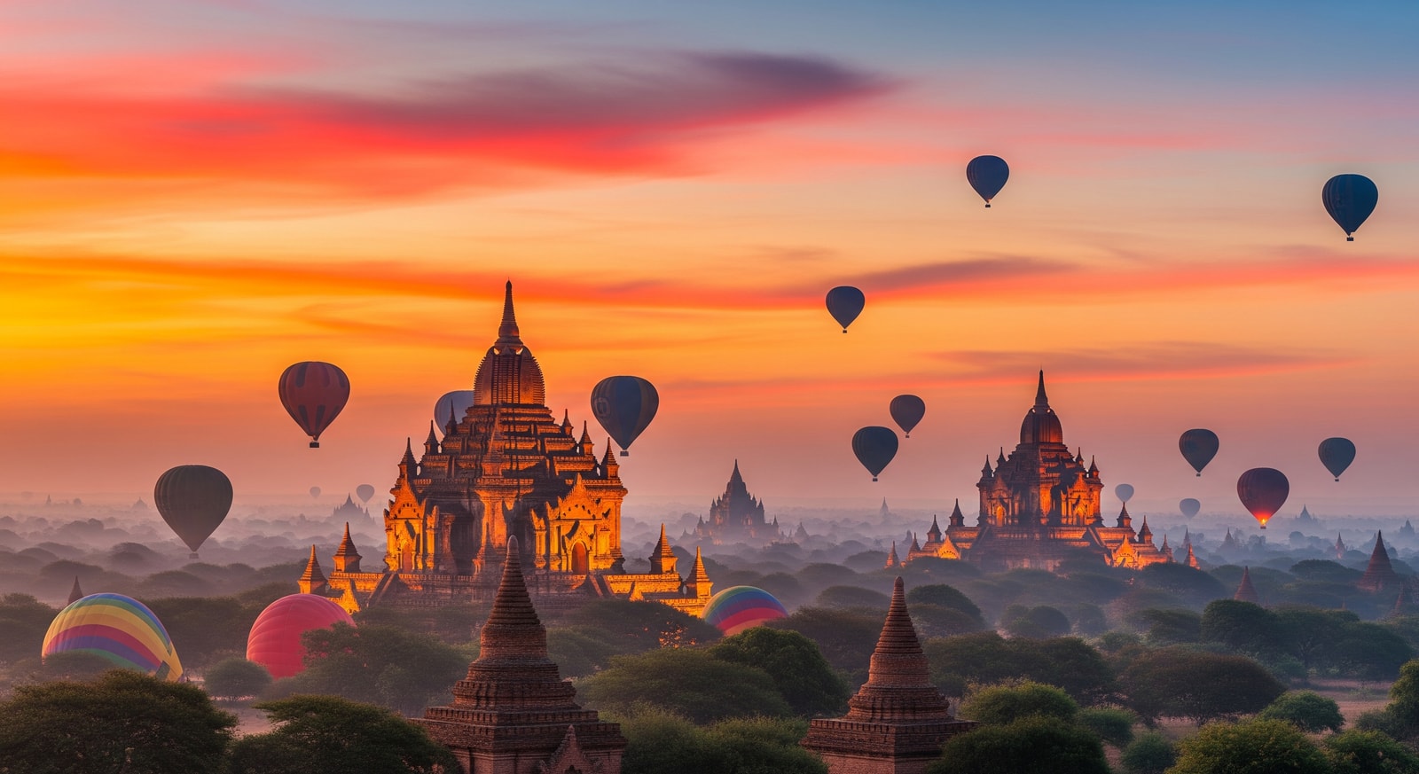 Panoramic view of ancient temples and pagodas in Bagan archaeological zone at sunrise with hot air balloons