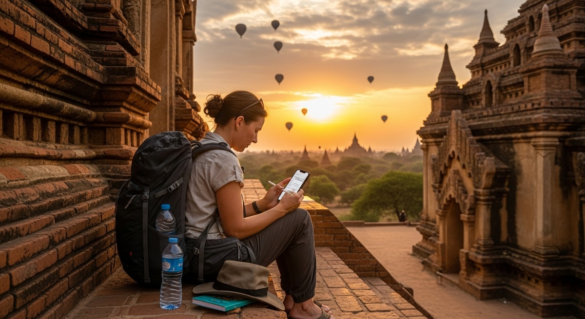 Traveler exploring ancient temples of Bagan while completing visa application on smartphone