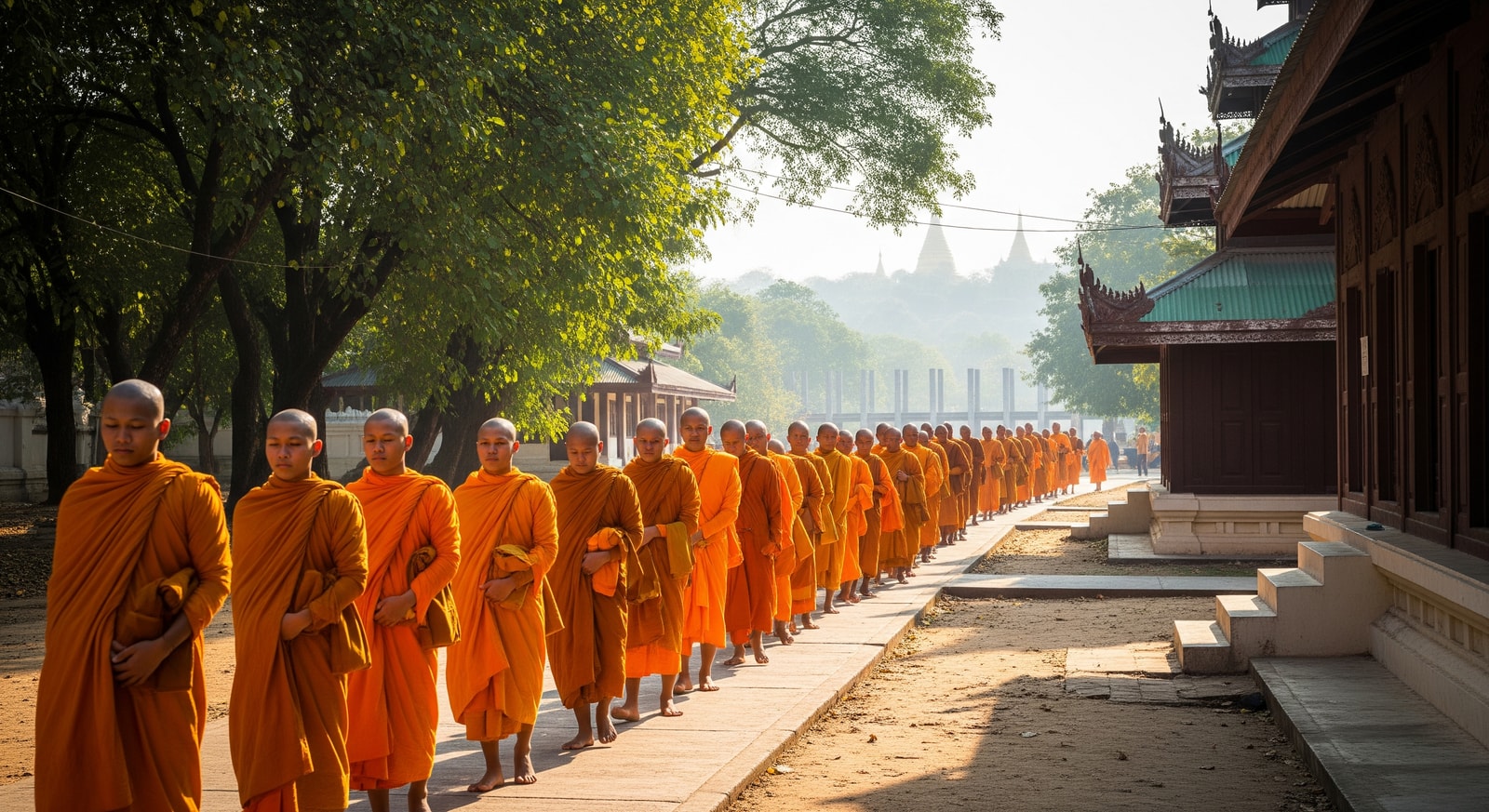 Buddhist monks in saffron robes walking in line at Mahagandayon Monastery in Amarapura near Mandalay