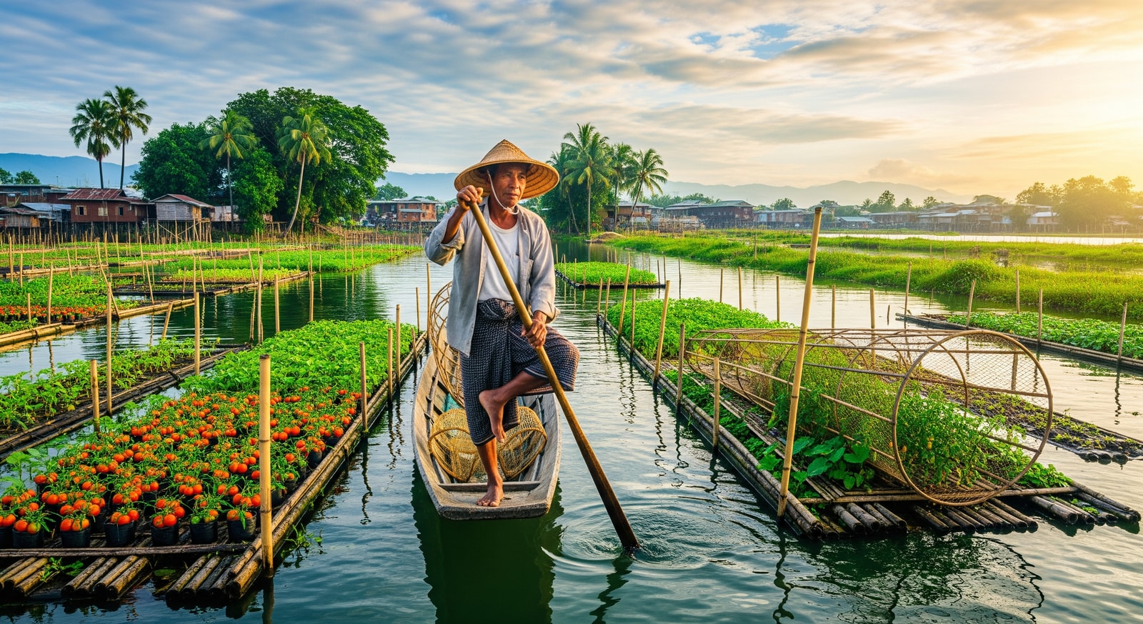 Traditional fisherman using unique leg-rowing technique on Inle Lake surrounded by floating gardens
