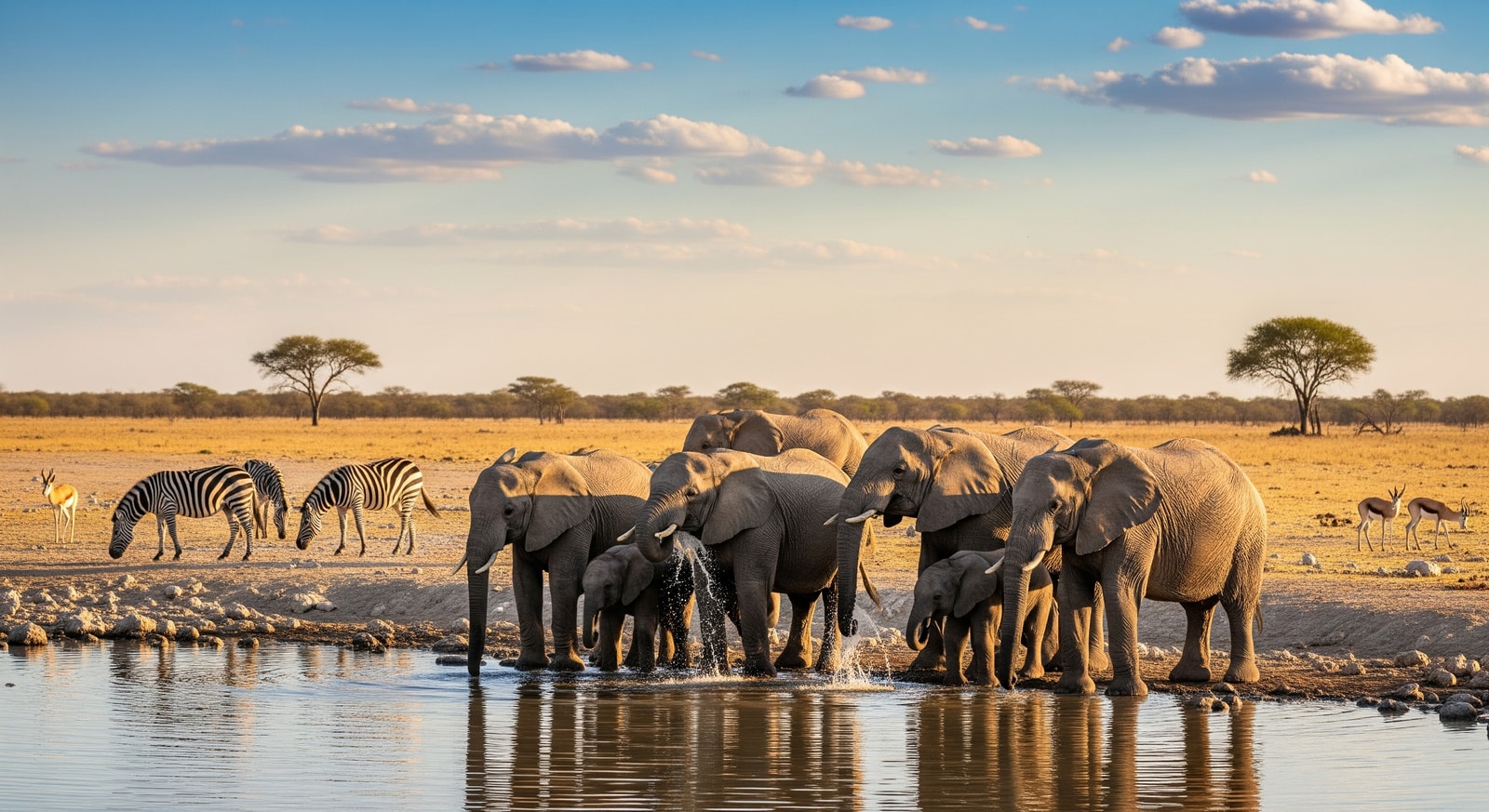 Elephants gathering at a waterhole in Etosha National Park with zebras and springbok in background